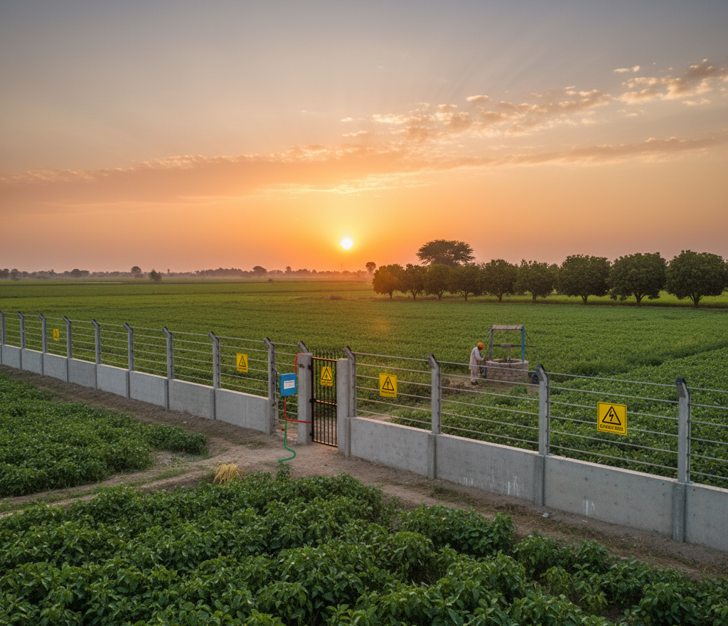 Agricultural electric fence protecting a farm in Pakistan.