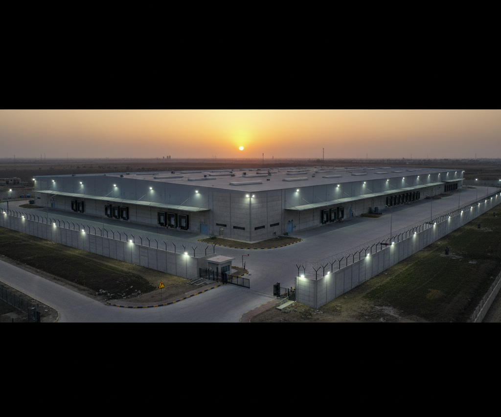 Electric fence securing an industrial warehouse in Pakistan.